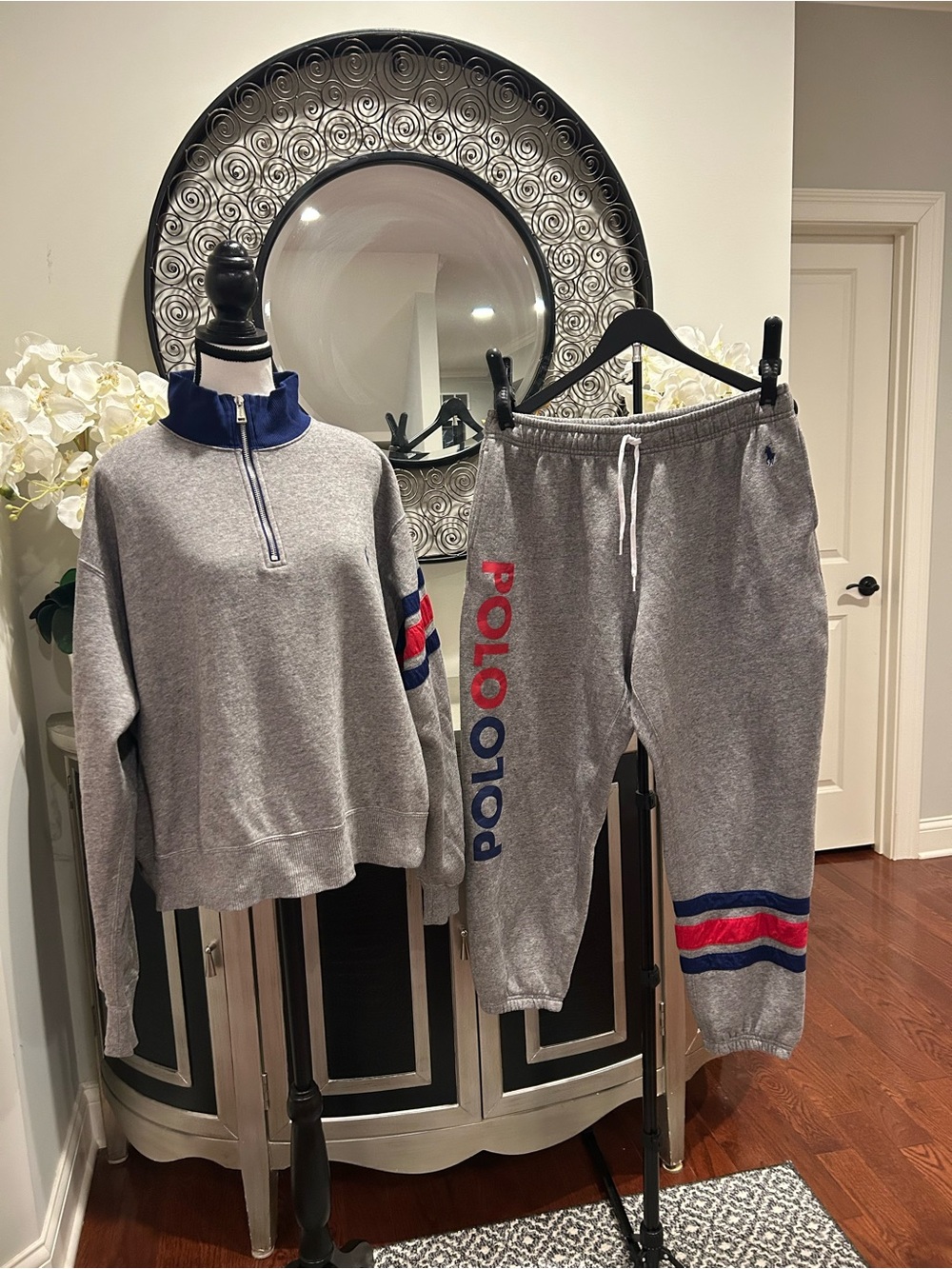 Polo, Ralph Lauren man XXL grey fleece tracksuit  quarter zip jogger 2pc set 642